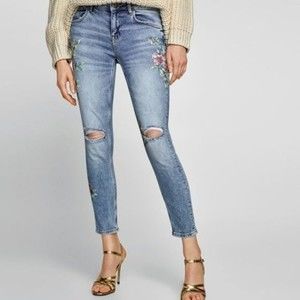 ZARA Basic Distressed Floral Print Skinny Jeans